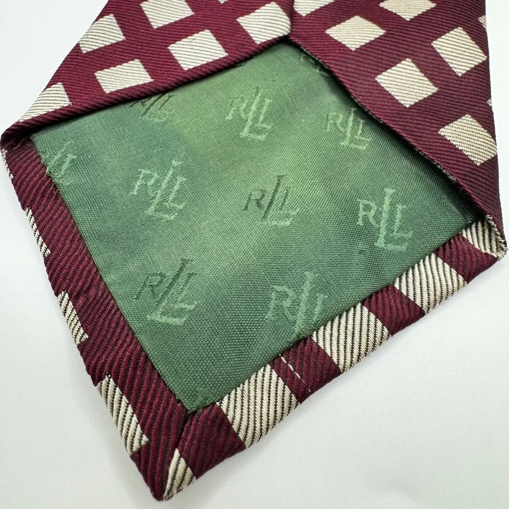 Lauren‎ Ralph Lauren Mens Silk Tie Burgundy Cream Geometric Diamond Luxury